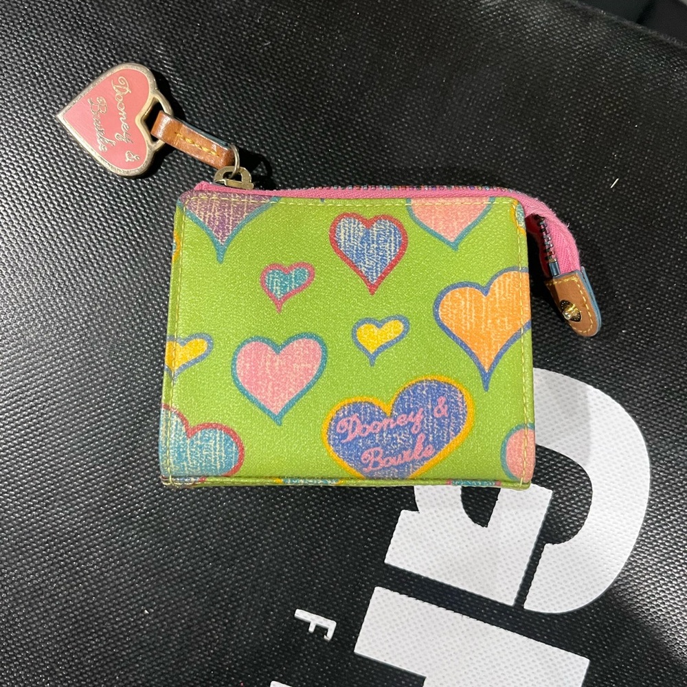 SOLD-Vintage Dooney and Bourke small green rainbow hearts ID wallet